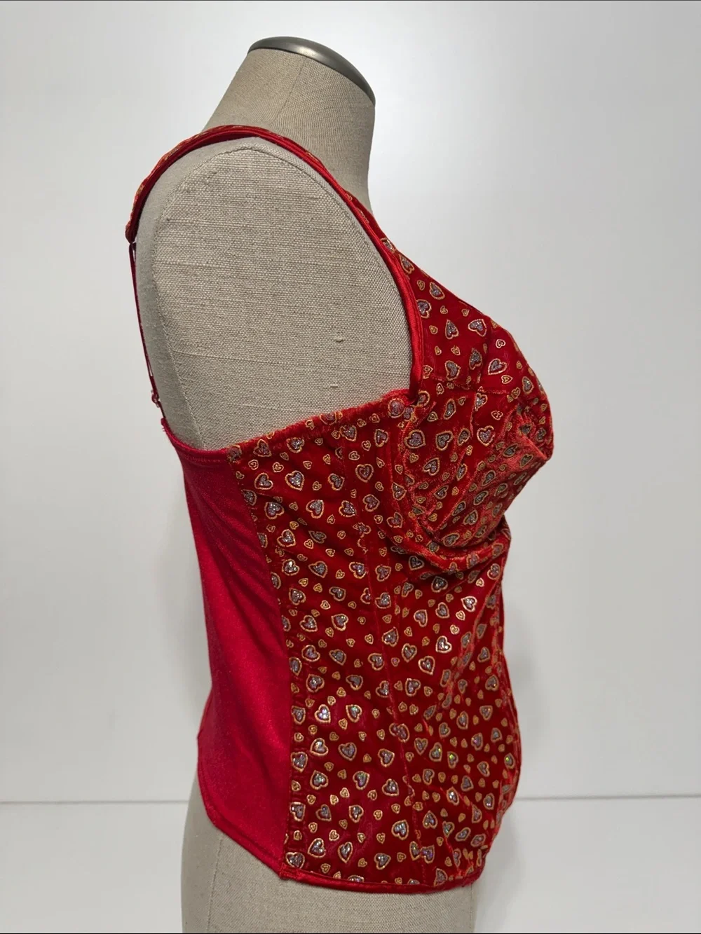 Frederick's of Hollywood Red Bustier with Gold and Silver Hearts - Picture 3 of 17
